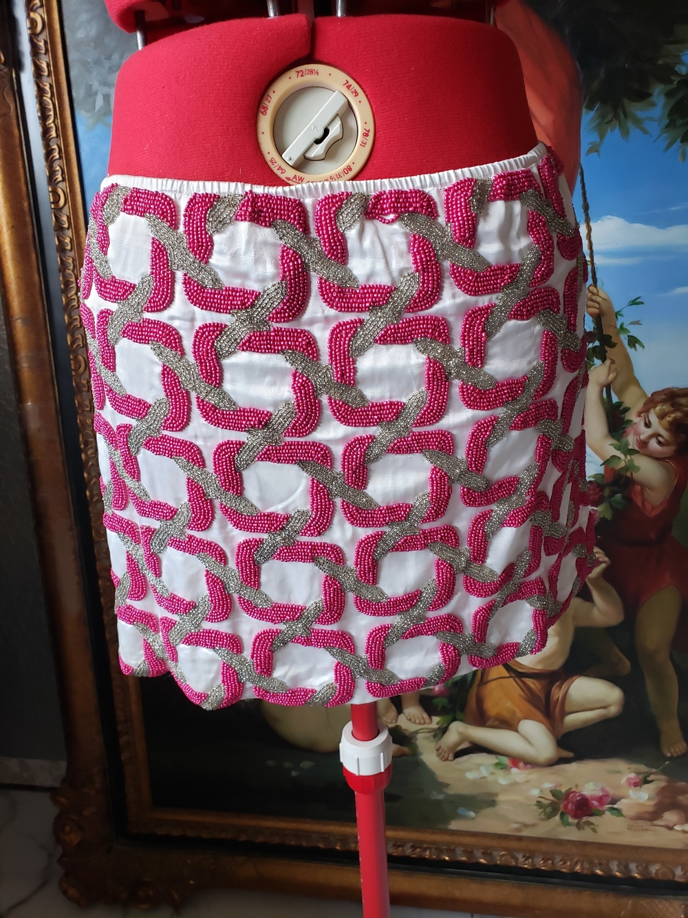 Pink Beaded Chain-Pattern Mini Skirt